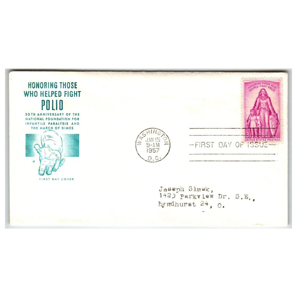Scott #1054 1957 Polio Fight 3c Stamp First Day Cover FDC Washington DC